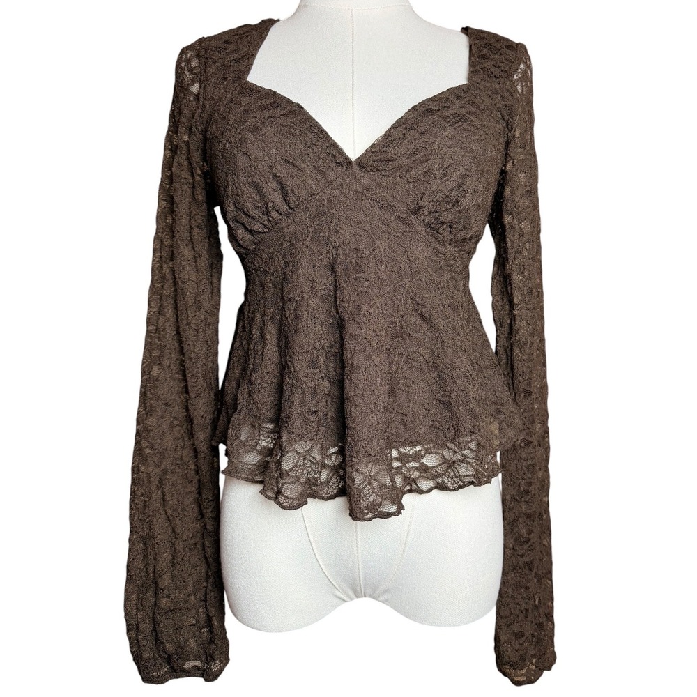 La Peche Brown Lace Babydoll Peplum Top Long Sleeve Y2K Coquette Size L